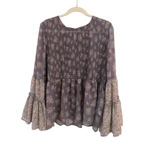 American Eagle Boho Floral Peasant Blouse Smocked Top Bell Sleeve Sheer Large